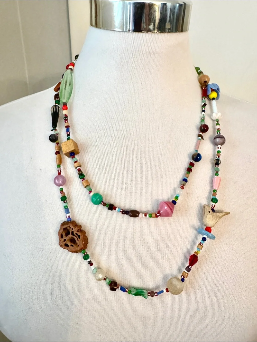 Vintage Artisan Collector Bead Necklace Handblown Glass Wood Clay Carved Bird Ex